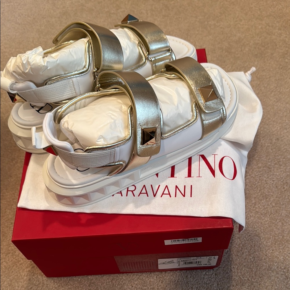 Valentino Garavani White And Gold Studded Platform Sandals